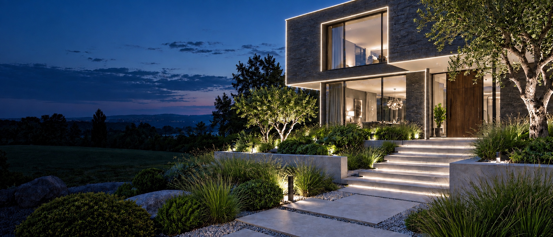 Moderne Architektur mit beleuchtetem Hauszugang